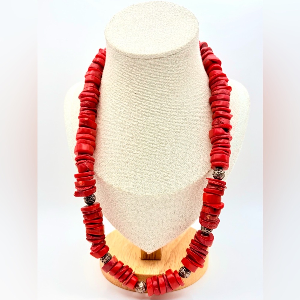 Vintage Chunky Natural Red Coral Barrel Beaded Necklace